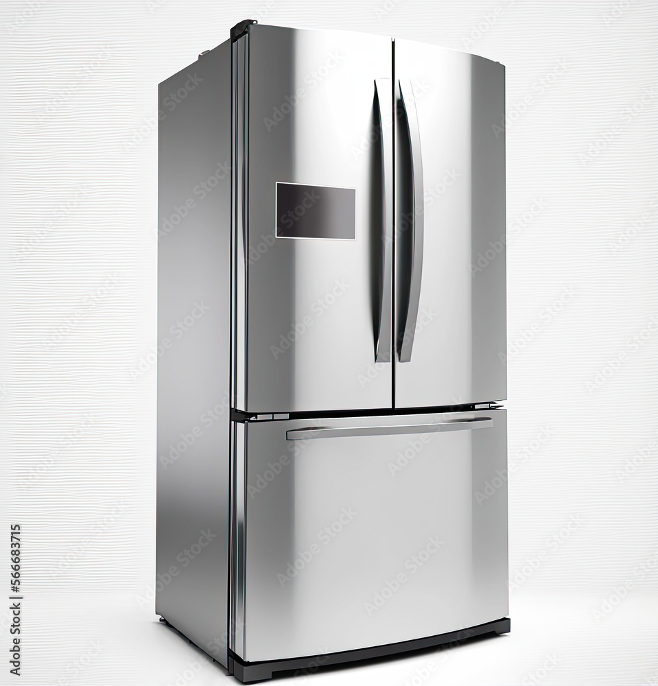 Three Door Refrigerator with Food Isolated on White Background. Side View of Stainless Steel Counter-Depth Side by Side French Door 3-Door Fridge Freezer. Kitchen and Major Domestic Appliances Three Door Refrigerator with Food Isolated on White Background. Side View of Stainless Steel Counter-Depth Side by Side French Door 3-Door Fridge Freezer. Kitchen and Major Domestic Appliances
