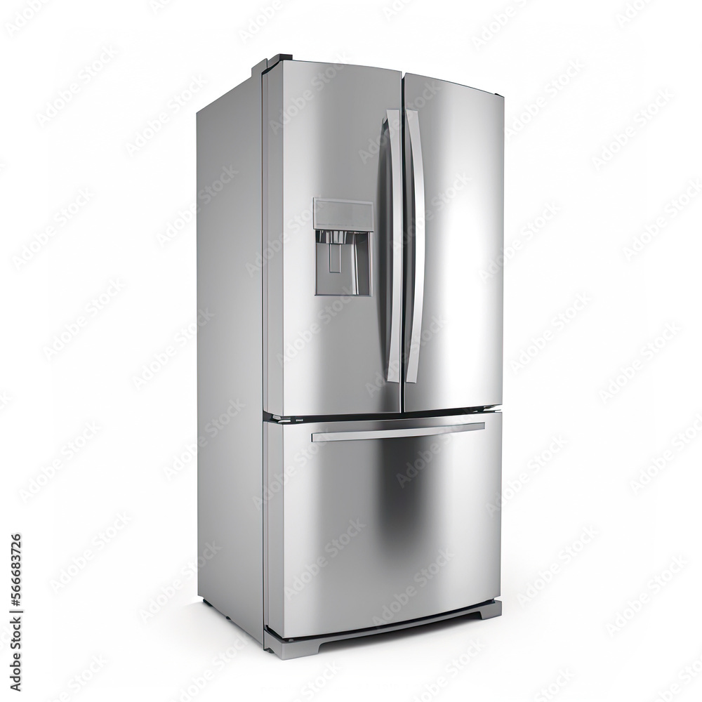 Three Door Refrigerator with Food Isolated on White Background. Side View of Stainless Steel Counter-Depth Side by Side French Door 3-Door Fridge Freezer. Kitchen and Major Domestic Appliances Three Door Refrigerator with Food Isolated on White Background. Side View of Stainless Steel Counter-Depth Side by Side French Door 3-Door Fridge Freezer. Kitchen and Major Domestic Appliances