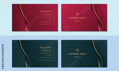 Dark Green, burgundy and gold creative business card template. Modern and luxury two sided Business Card with corporate style. Trending business card.