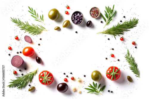 Fresh olives, cherry tomatoes, herbs end spices scattered on white background, copy space, top view. Food background concept, recipe mockup