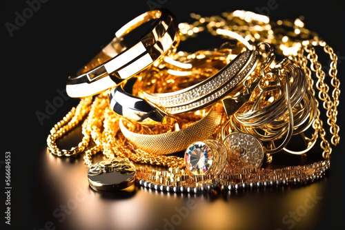 Bunch of gold jewelry against black background.