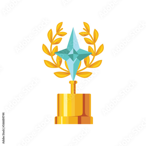 Award cup with laureate wreath vector illustration. Cartoon trophy or prize reward for kid champion isolated on white background. Victory, success achievement concept.