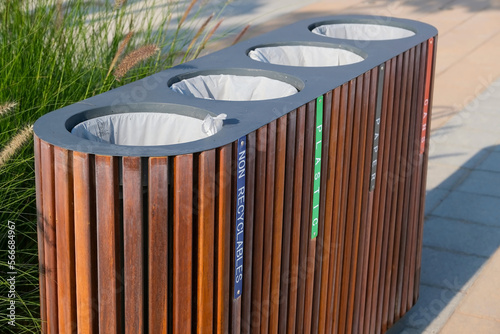 Fotografie Close-up of a public trash can for separate waste collection, garbage bin in the