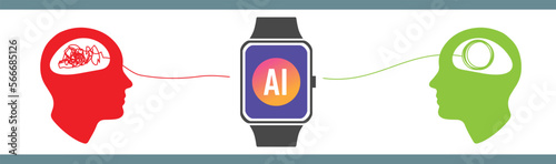 Creative vector illustration of psychotherapy communication created by AI in the background. Abstract concept tangled brain, therapist, patient. Patient controlled and made calm by AI technology
