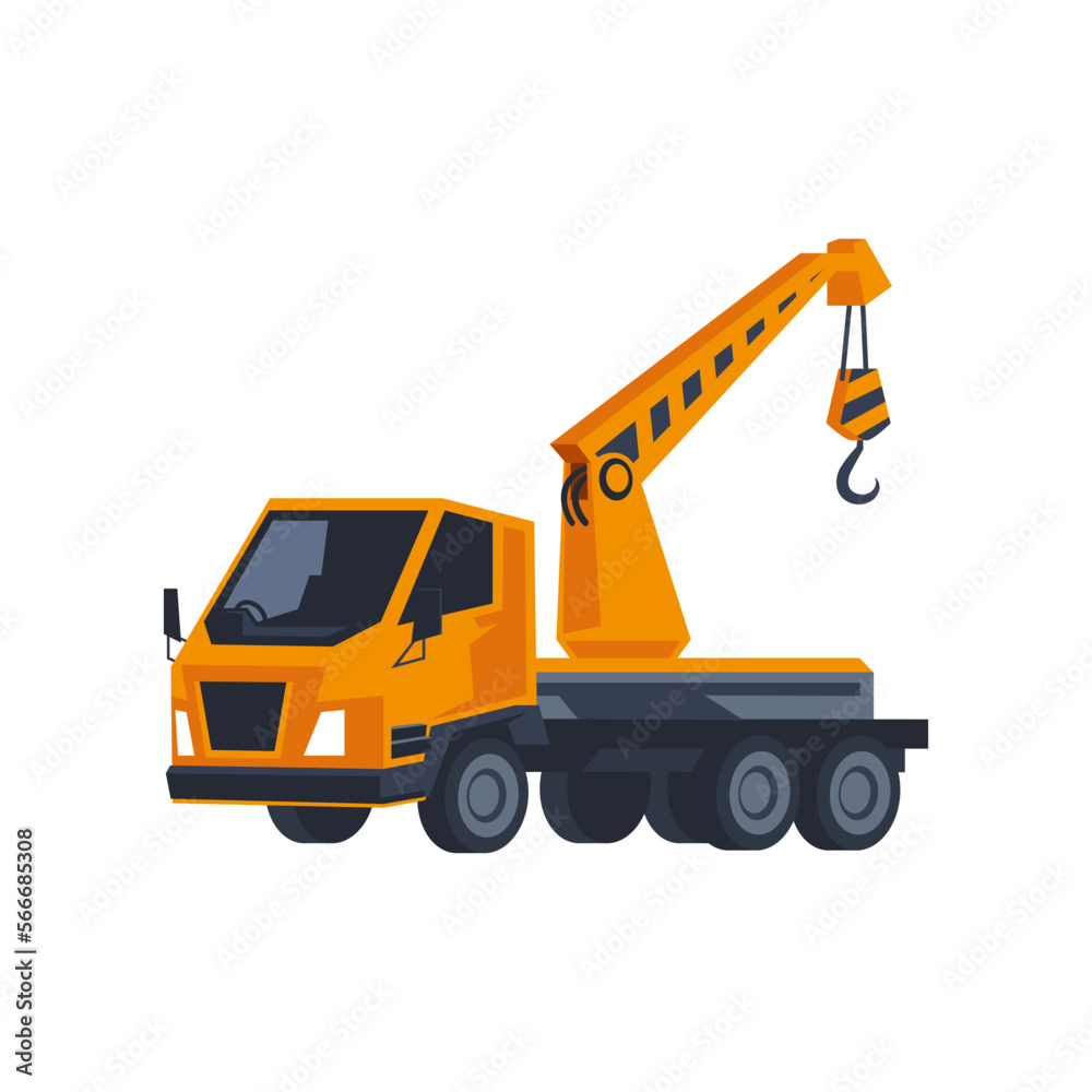 Naklejka premium Cartoon vehicle with crane isolated on white. Construction machines. Vector illustration of heavy machinery for building. Industry concept