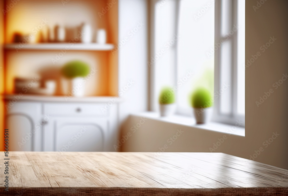 Fototapeta premium Wooden table on blurred kitchen window and shelves