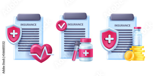 3D medical health insurance vector icon set, medic shield, protect family pills healthcare concept. Hospital medicine agreement, golden coin, safety document, ampule. Health insurance illustration