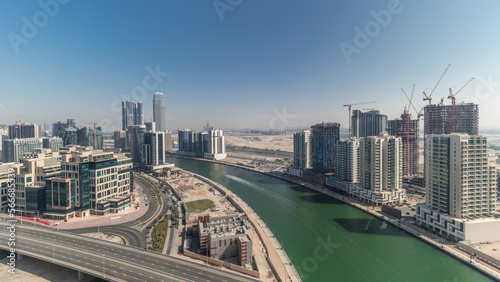 Skyscrapers at the Business Bay aerial all day in Dubai, United Arab Emirates
