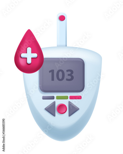 3D blood sugar vector test machine icon, electronic glucometer measuring device medical technology. Home diabetes check tester, healthcare pharmacy clipart, button. Sugar test insulin meter on white
