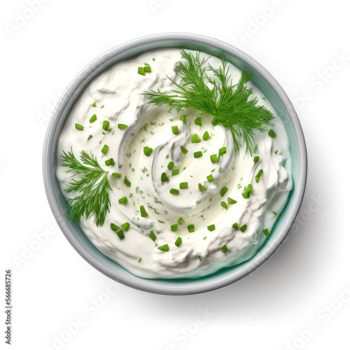 Bowl of sour cream dip sauce with herbs isolated on white background, top view