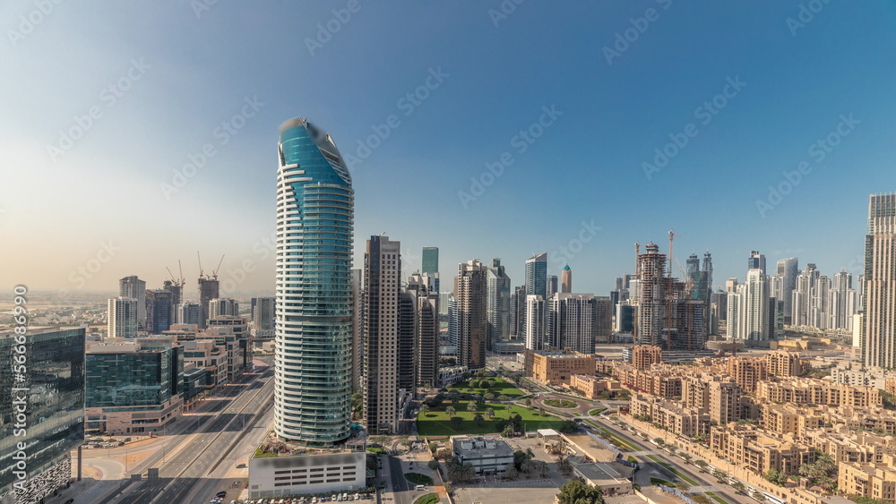 Fototapeta premium Panorama showing Dubai's business bay towers aerial morning . Rooftop view of some skyscrapers