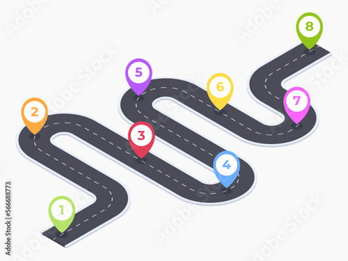 Isometric 8 steps timeline. Winding road navigation, city map timeline roadmap pathway, road infographic 3d vector illustration on white background