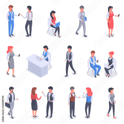 Isometric business office characters. Office team conversation, 3d business person workflow vector illustration on white background