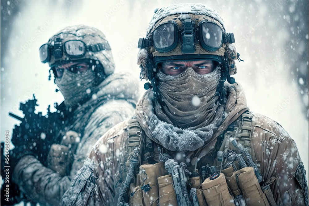 Naklejka premium Special forces. Soldiers in the snow. Generative AI
