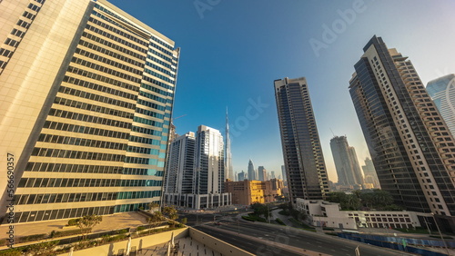 Aerial panoramic view to Dubai downtown and difc skyscrapers .