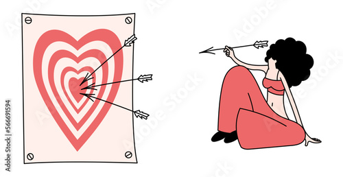 Vector girl throws arrows at a target with a heart. Love concept. Flat vector illustration with outline.