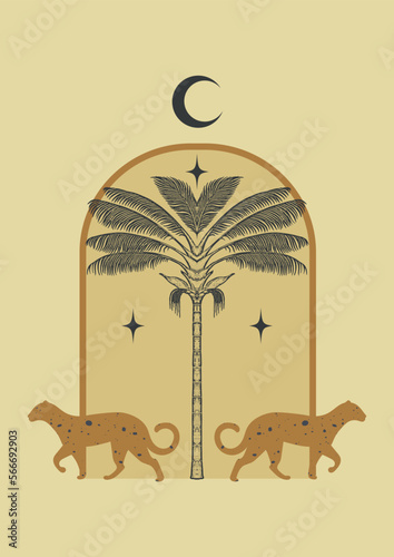 Boho mystical vector poster with cheetah wild cat. Elements in trendy bohemian design,