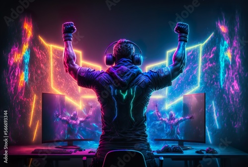 Professional eSports gamer rejoices in the victory in neon game room. generative ai
