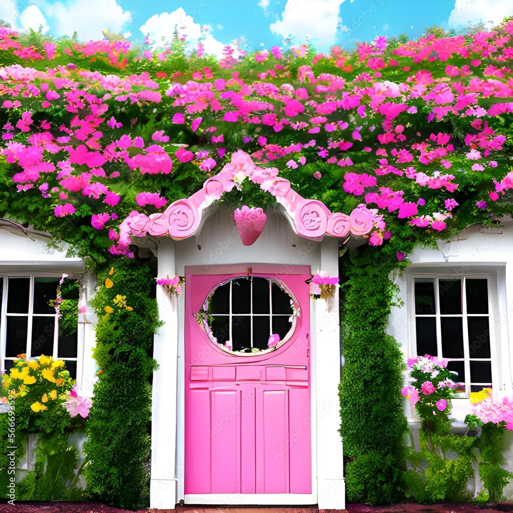 Exterior de una hermosa casa de campo en tonos rosados, llena de flores ...