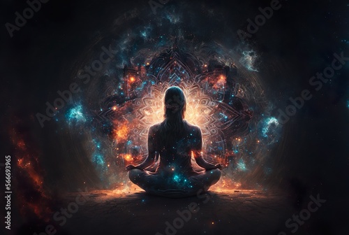 Woman sitting in yoga lotus pose and her connection to space. generative ai