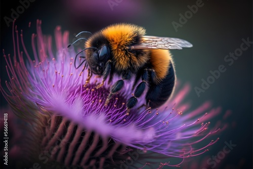 Stunning macro shot of a buzzing bumblebee collecting nectar from a vibrant purple thistle flower generative ai photo