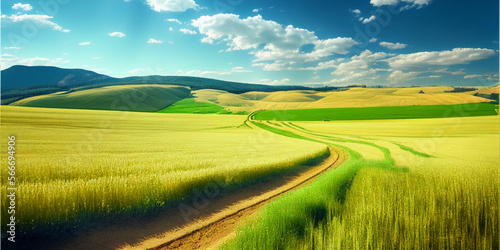 Beautiful sunny summer rural natural landscape with fields young wheat, blue sky with clouds, warm fresh morning and road stretching into distance, panorama of spacious hilly area