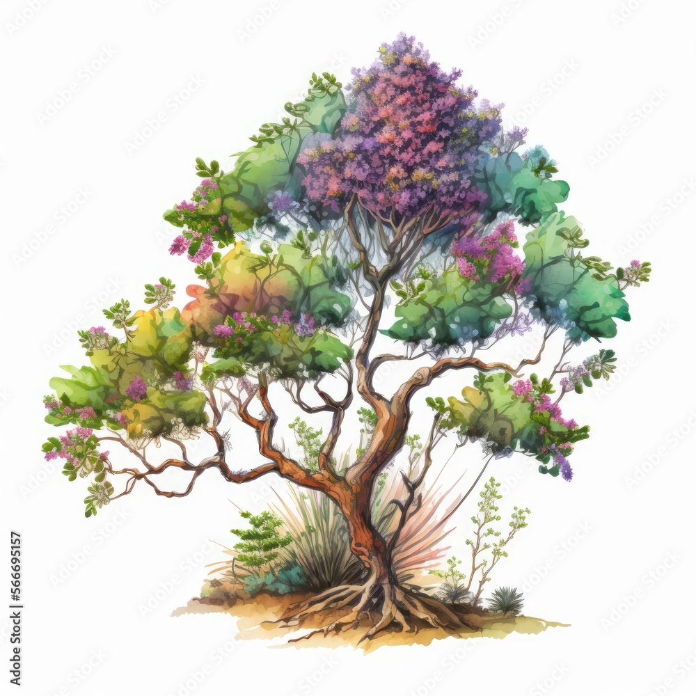 Naklejka premium a cute woodland myrtle tree in watercolor, artistic, fresh spring colors generative ai