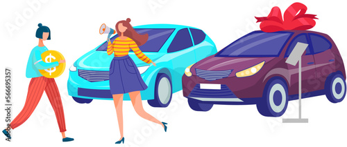 Advertising agent girl attracts customers to car showroom center with autos market, exhibition inside. Automobile dealership store shop. New modern vehicles models demonstration, sale and trading