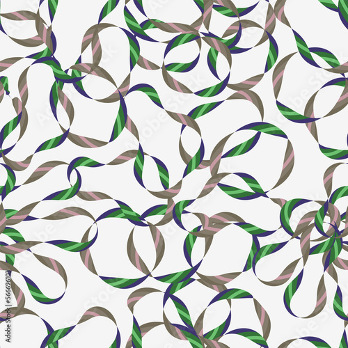 Seamless simple cute pattern from striped ribbons on white background.Endless ornament with beautiful green, rose, pink and violet tapes.Colourful backdrop for fabric,textile,covers.Raster