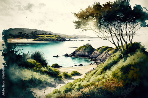 Digital watercolor painting of a bay. 4k Wallpaper, background