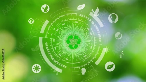 environment icons over the Network connection on nature background, Technology ecology concept. Hand holding and protection with environment icons over the Network connection on nature background