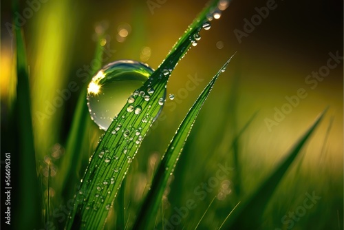 Crisp dew drops on a single blade of grass in early morning light. Rich green background with a shallow depth of field generative ai