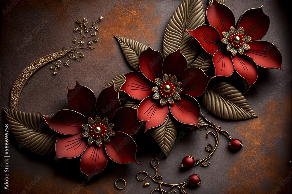 Elegant Red Jewelry Flowers on a Textured Leather Background generative ai Elegant Red Jewelry Flowers on a Textured Leather Background generative ai