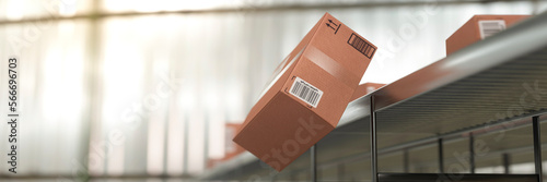 Conceptual box falling from a conveyor and going missing 3d render