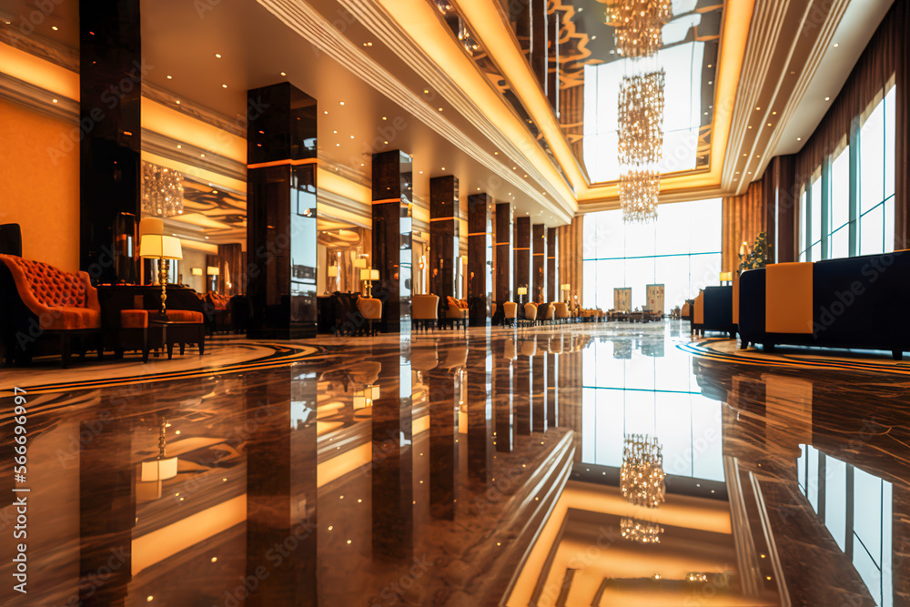 A long luxurious hotel lobby with black marble columns, Generative AI