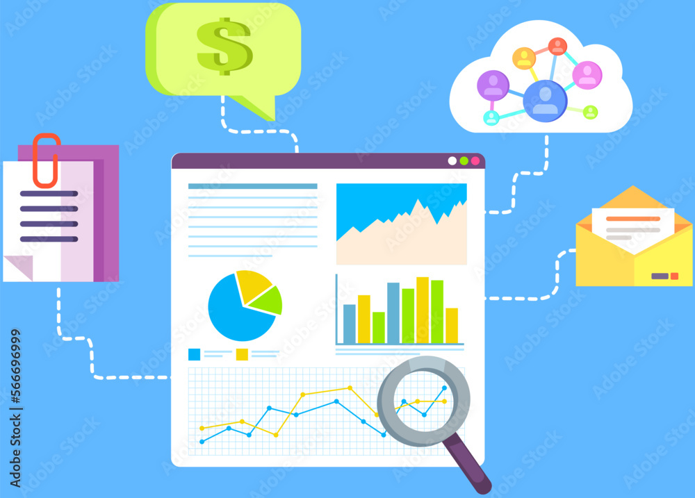 Fototapeta premium Analytics concept, magnifying glass with chart. Analysis, data processing, success strategy. Presentation with graphs and charts and infographic elements. Growing bar business research graph