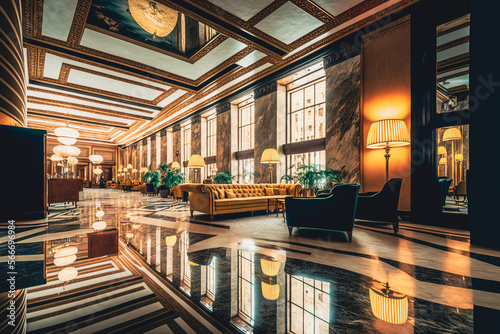 Experience the luxury of a modern hotel lobby: large, long, and grand, Generative AI