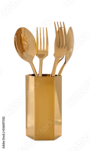 Gold holder with cutlery isolated on white