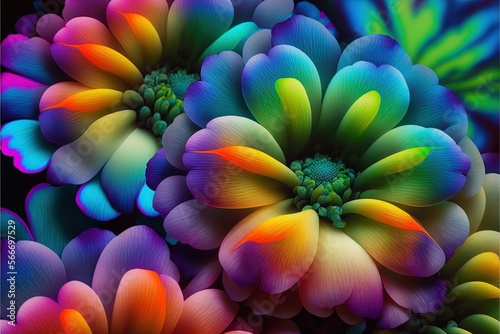  a bunch of flowers that are in the middle of a picture with a black background and a rainbow hued flower in the middle of the picture.  generative ai