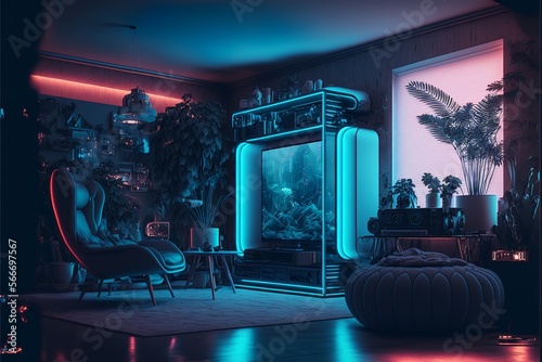 Futuristic cyberpunk style living room with a big screen tv, potted plants, cozy sofa and coffe table illuminated with different color neon lights