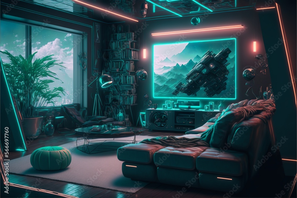 Futuristic cyberpunk style living room with a big screen tv, potted ...