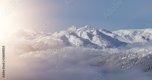 Snow and Cloud covered Canadian Nature Landscape Background. Winter Season in Whistler  British Columbia  Canada. From Blackcomb Mountain