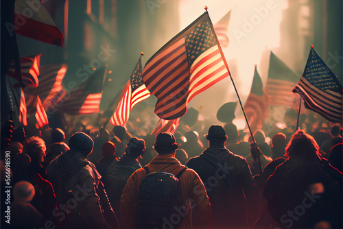 Background blur of crowd at political rally in the United States holding signs and carrying US flags. Great image for upcoming election cycle in 2024 presidential campaigns. photo