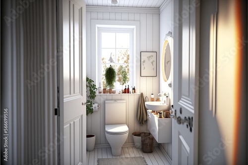 Scandinavian interior restroom with window and a toilet in the daylight