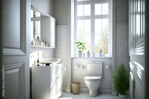 Scandinavian interior restroom with a mirror and white toilet and washbasin