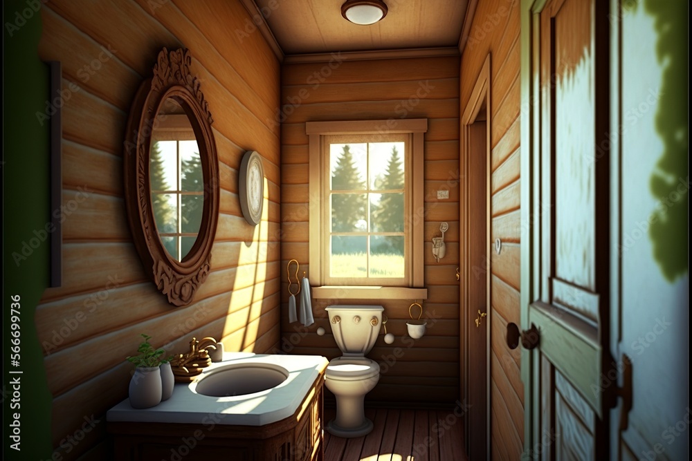 Sunny country interior style restroom with natural wood paneling, with an authentic washbasin and a mirror above it