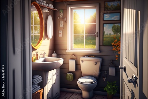 Sunny country interior style restroom with natural wood paneling  with an authentic washbasin and a mirror above it