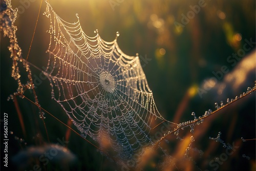  a spider web covered in water drops in the sun light, with the sun shining through the dew drops on the spiderwefeck.  generative ai