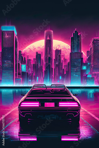 Vertical synthwave poster with city landscape, super car and sunset. Futuristic cityscape in neon colors. Generative AI