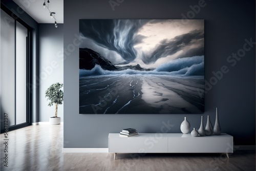  a large painting hanging on a wall above a white cabinet in a room with a large painting on the wall and a vase with a plant in it.  generative ai photo